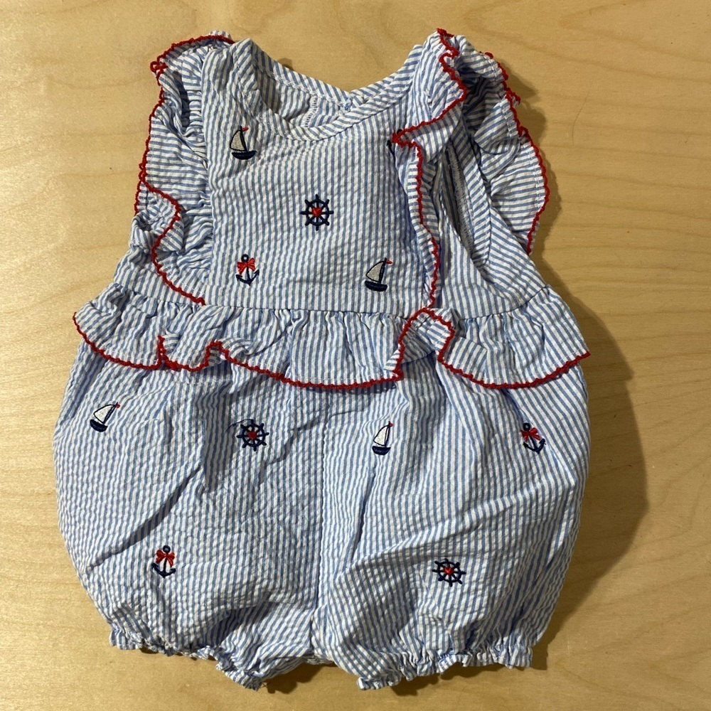 Good Lad Blue and White Striped Romper with Red Trim 6M (PE)